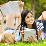 children reading oral health books